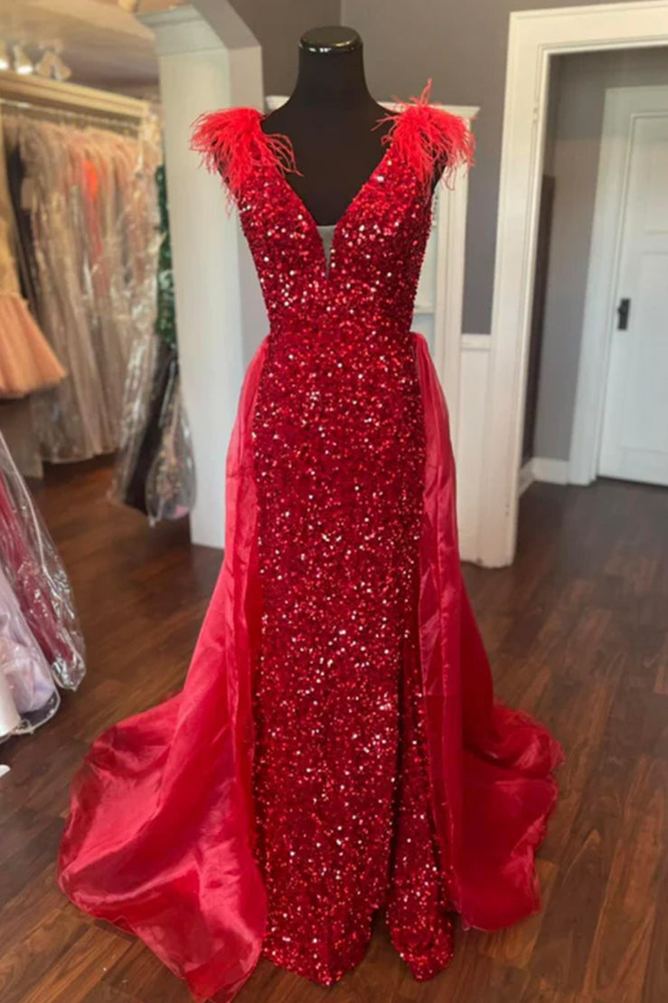 Lilianna | V-Neck Red Sequin Feathers Long Prom Dress with Cape