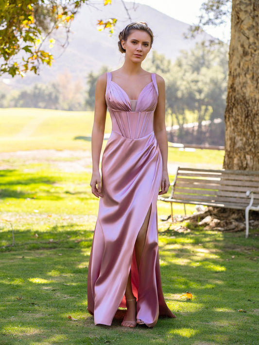 Sheath Pink V-neck Satin Floor Length Prom Dress