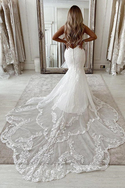 V-Neck Sleeveless Appliques Lace Mermaid Long Wedding Dresses