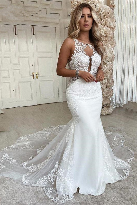 V-Neck Sleeveless Appliques Lace Mermaid Long Wedding Dresses