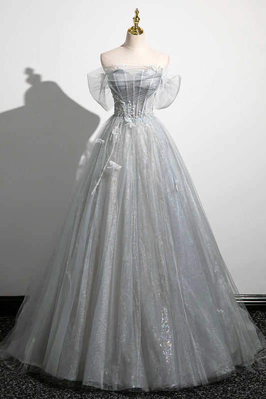 Tiana | Gray A-Line Off the Shoulder Tulle Prom Dress, Lovely Corset Floor Length Party Dress