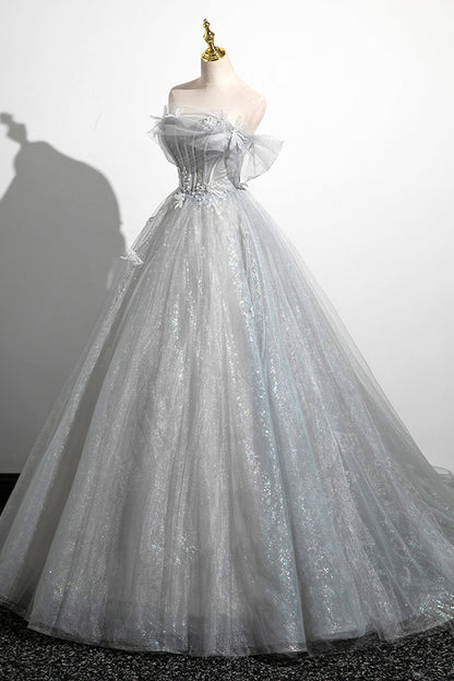 Tiana | Gray A-Line Off the Shoulder Tulle Prom Dress, Lovely Corset Floor Length Party Dress