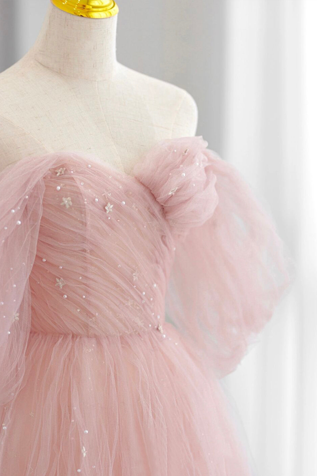 Adalee | Pink Tulle Floor Length Prom Dress, Cute A-Line Evening Party Dress