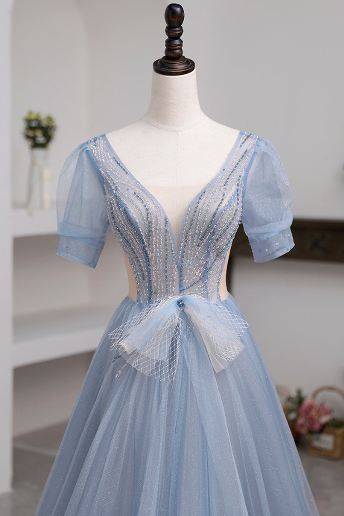 Khaleesi | Blue Short Sleeve Tulle Floor Length Prom Dress with Beaded