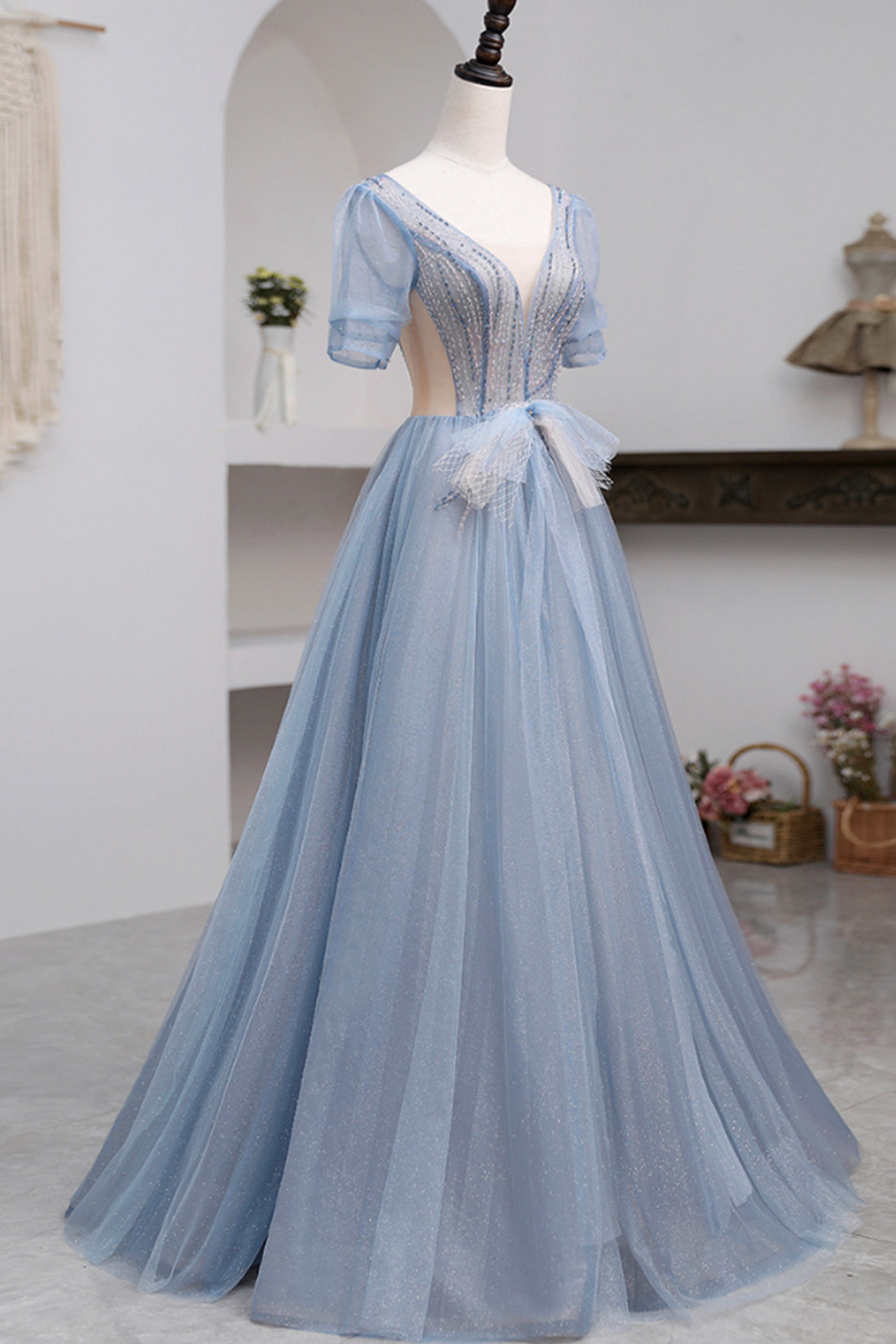 Khaleesi | Blue Short Sleeve Tulle Floor Length Prom Dress with Beaded