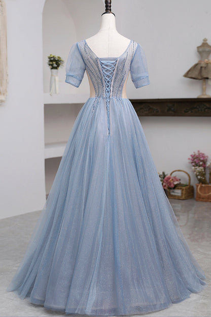 Khaleesi | Blue Short Sleeve Tulle Floor Length Prom Dress with Beaded