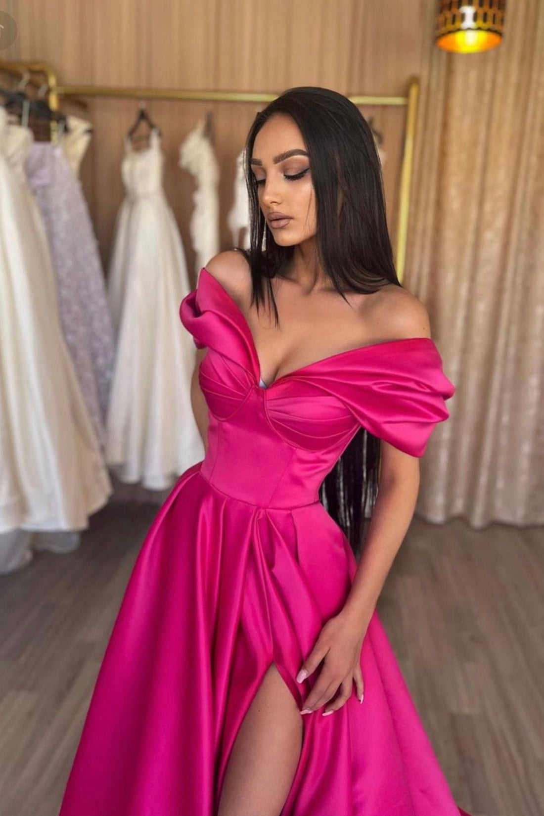 Murphy | Stylish A-Line Off the Shoulder Satin Long Prom Dress, Hot Pink Satin Pleats Evening Dress with Slit