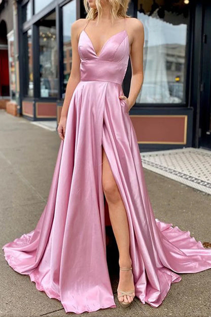 Valeria | Pink V Neck Satin Backless A Line Prom Dress With Pockets