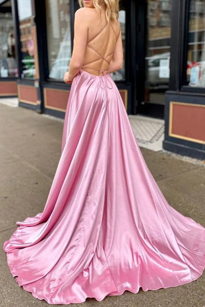 Valeria | Pink V Neck Satin Backless A Line Prom Dress With Pockets