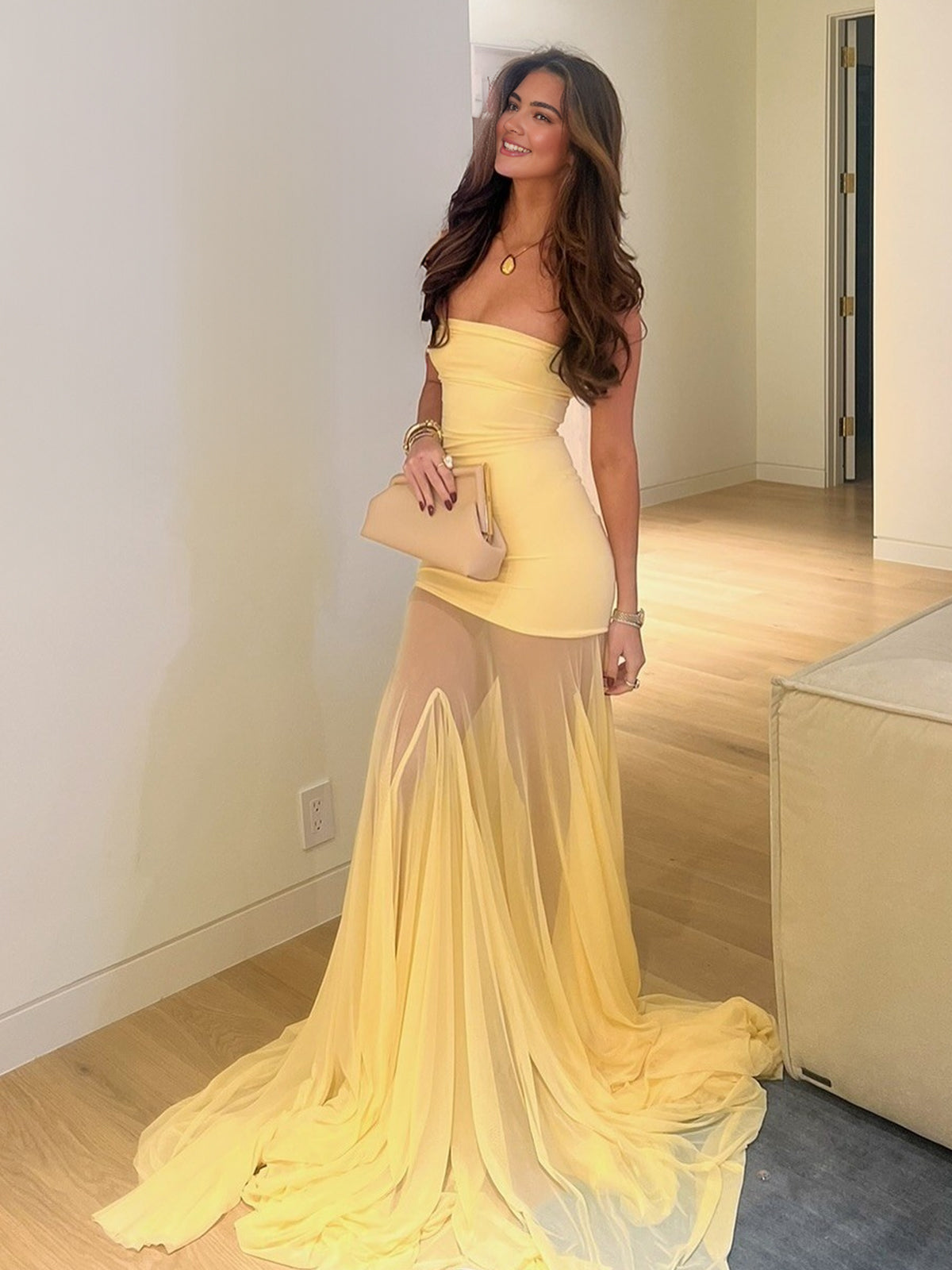 Valeska | Yellow Strapless Chiffon Mermaid Long Prom Dresses