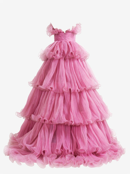 Vanessa |Pink Strapless A-Line Tiered Crinkled Tulle Prom Dress