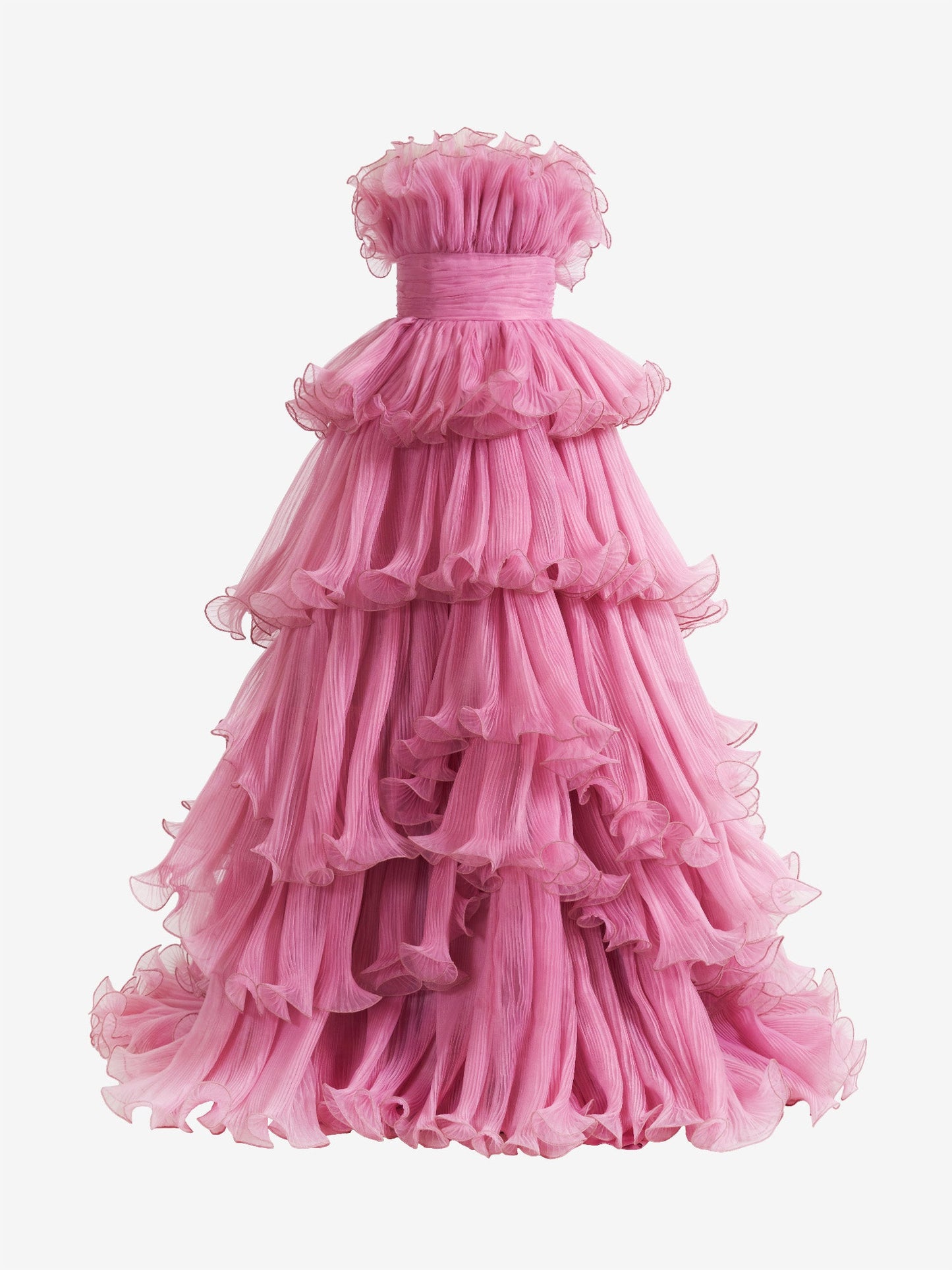 Vanessa |Pink Strapless A-Line Tiered Crinkled Tulle Prom Dress