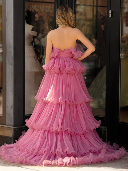 Vanessa |Pink Strapless A-Line Tiered Crinkled Tulle Prom Dress