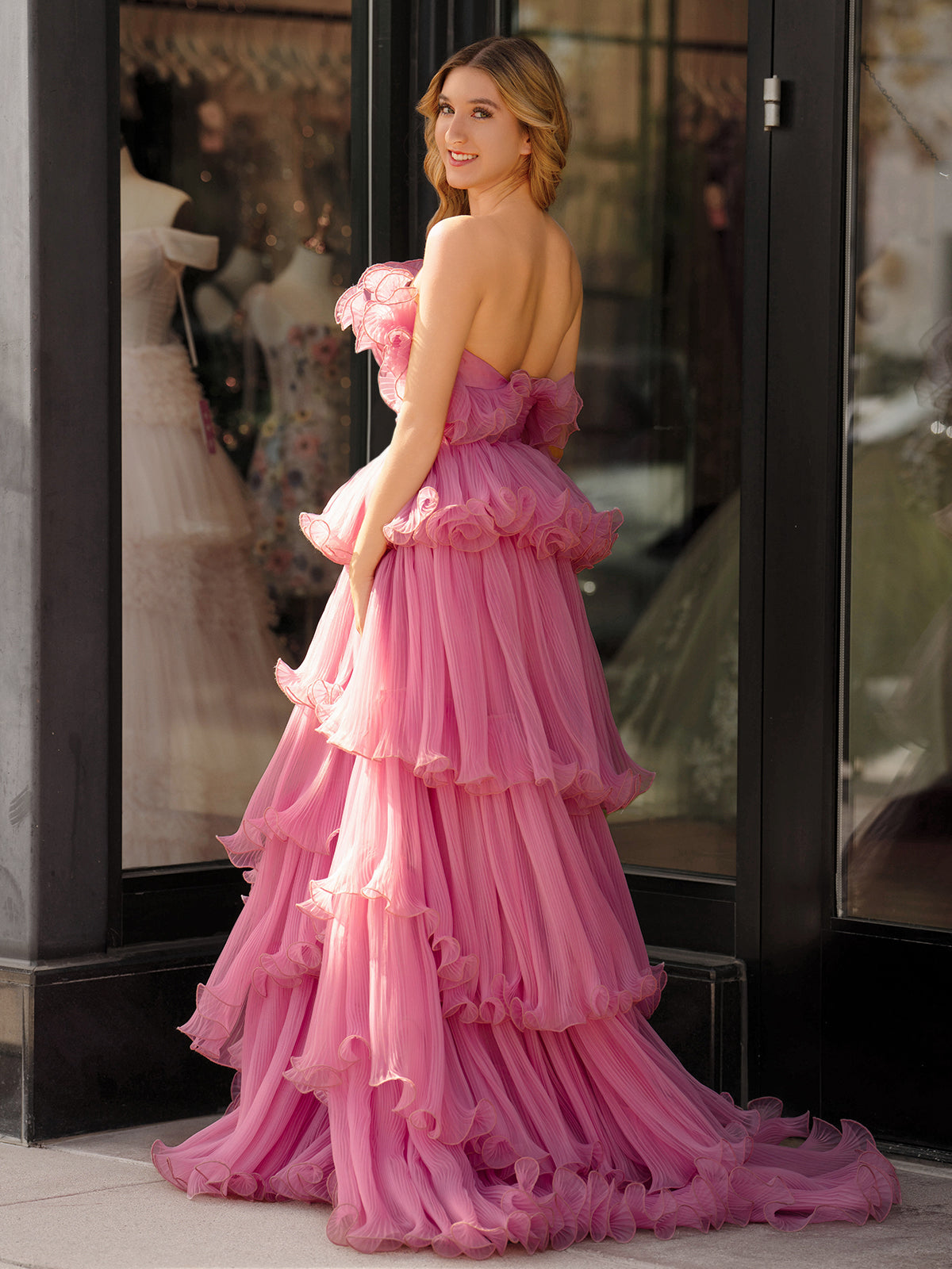 Vanessa |Pink Strapless A-Line Tiered Crinkled Tulle Prom Dress