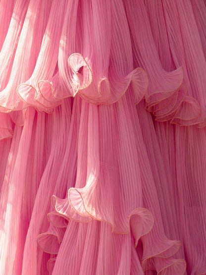 Vanessa |Pink Strapless A-Line Tiered Crinkled Tulle Prom Dress