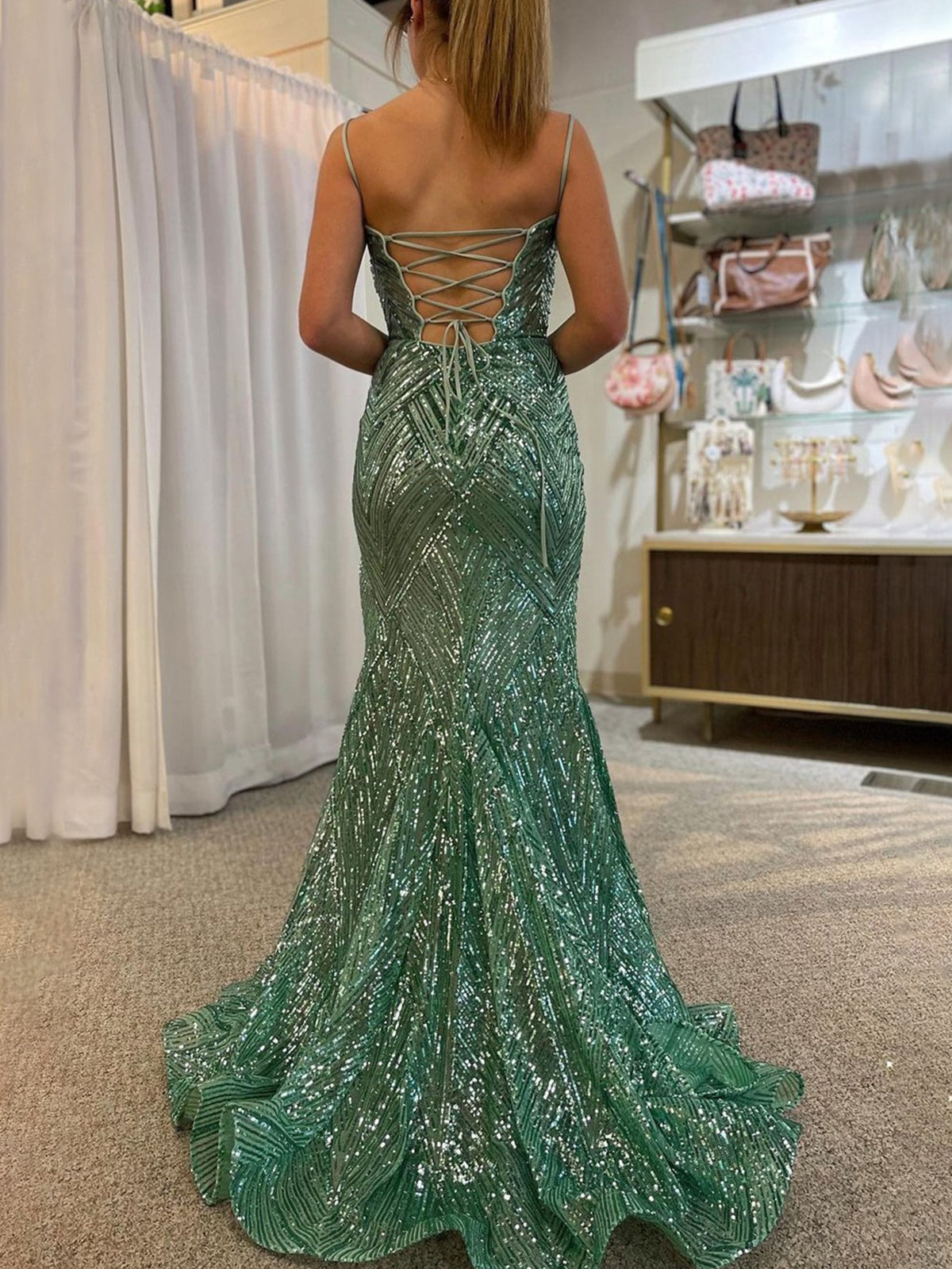 Veilure | Green Spaghetti Straps Sequins Mermaid Prom Dress with Slit