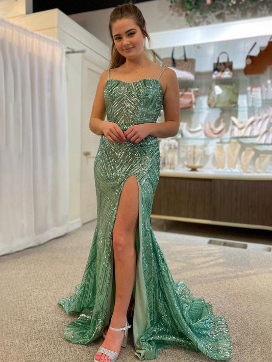 Veilure | Green Spaghetti Straps Sequins Mermaid Prom Dress with Slit