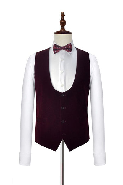 Velvet Shawl Collar White Wedding Tuxedos Three Piece Wedding Suits with Burgundy Vest