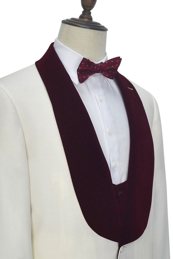 Velvet Shawl Collar White Wedding Tuxedos Three Piece Wedding Suits with Burgundy Vest