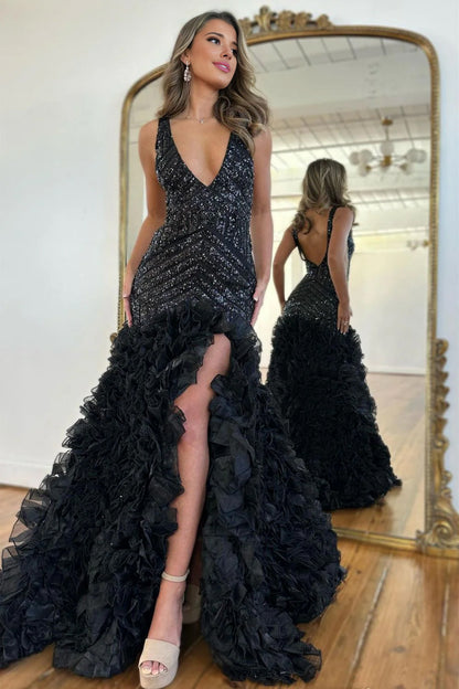 Vevina | Black Mermaid V-Neck Long Sequin Prom Dress With Ruffles