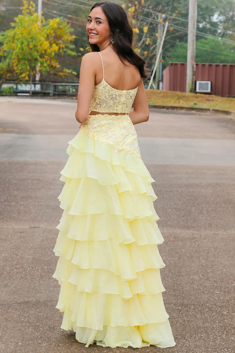 Victorie | Spaghetti Straps Appliques A-Line Layered Chiffon Prom Dress with Slit