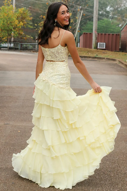 Victorie | Spaghetti Straps Appliques A-Line Layered Chiffon Prom Dress with Slit