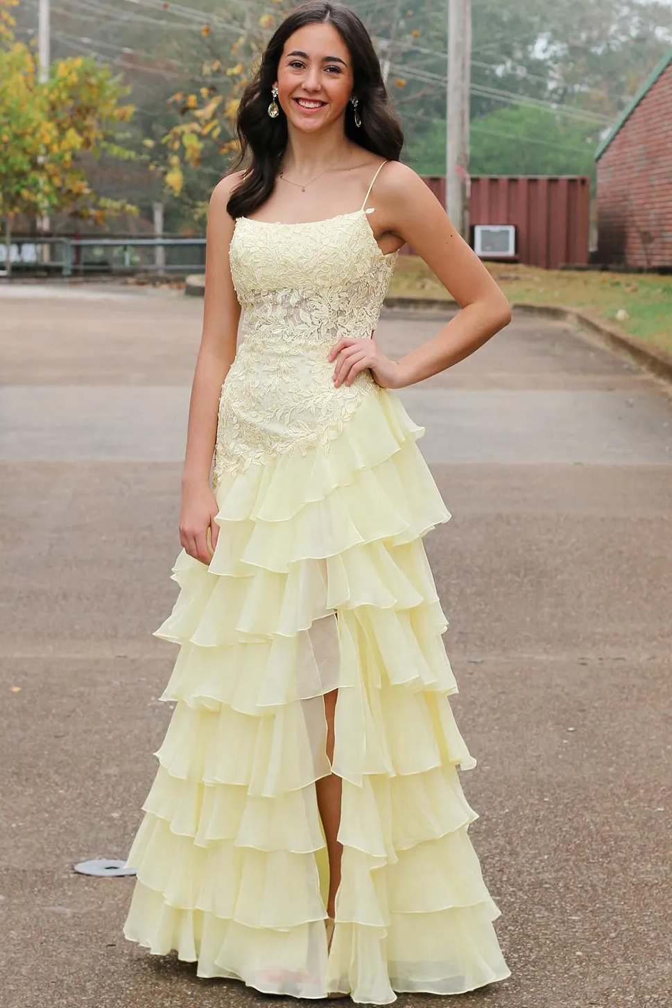 Victorie | Spaghetti Straps Appliques A-Line Layered Chiffon Prom Dress with Slit