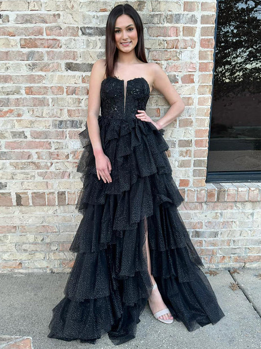 Vina | Black Strapless A Line Tulle Prom Dress With Appliques