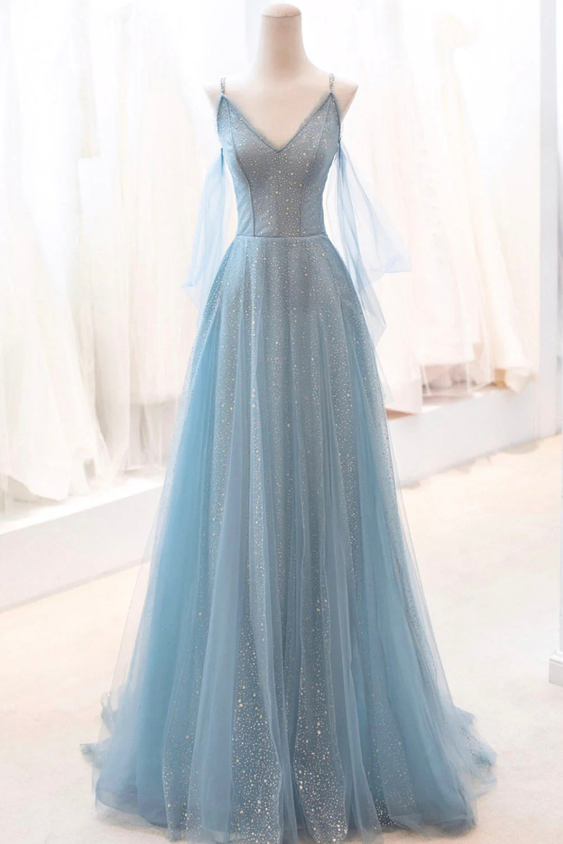 Kathryn | Dusty Blue Sparkly Tulle Long Prom Dress, A-Line Spaghetti Strap Evening Dress