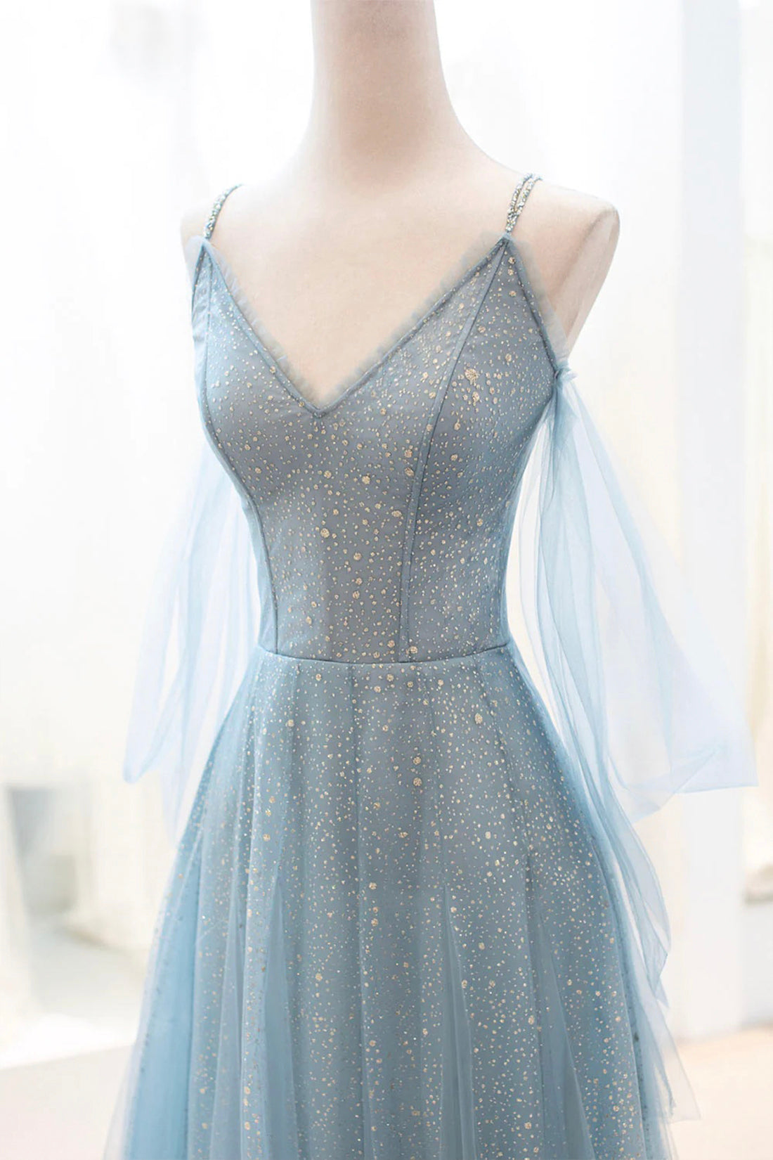 Kathryn | Dusty Blue Sparkly Tulle Long Prom Dress, A-Line Spaghetti Strap Evening Dress