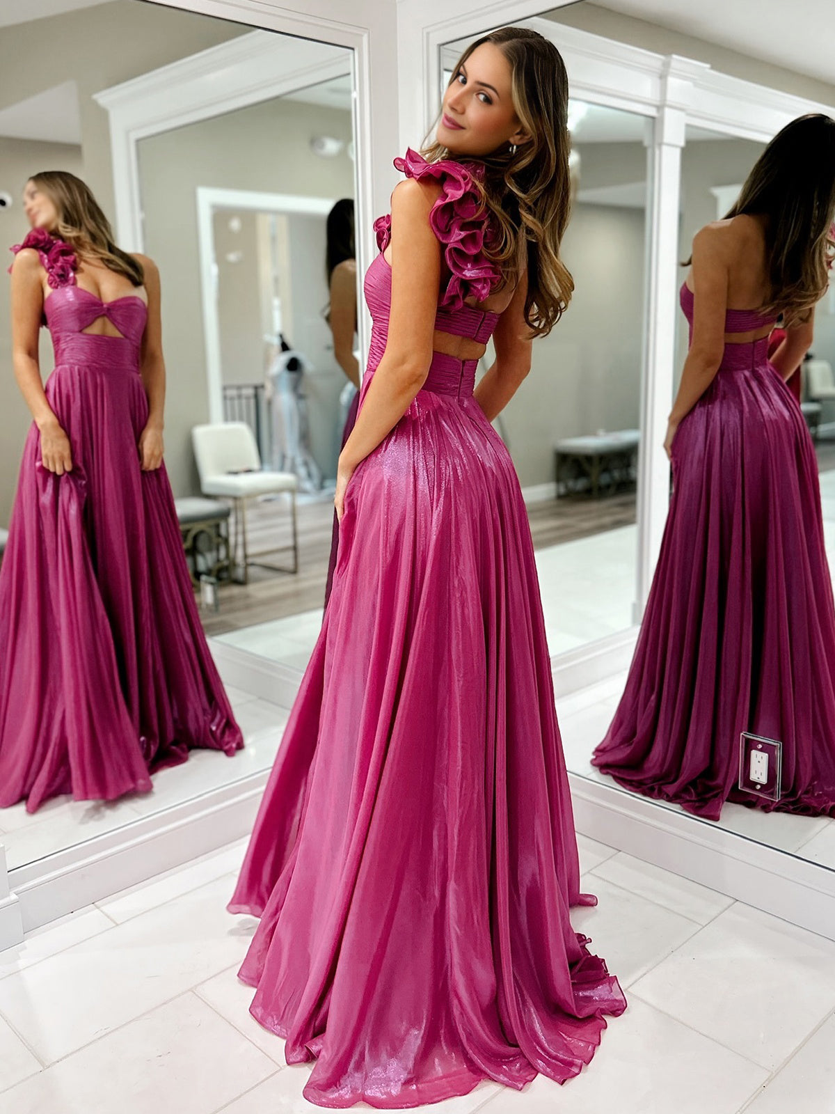 Wallis | A-Line Fuchsia One Shoulder Keyhole Pleated Metallic Prom Dress with Slit