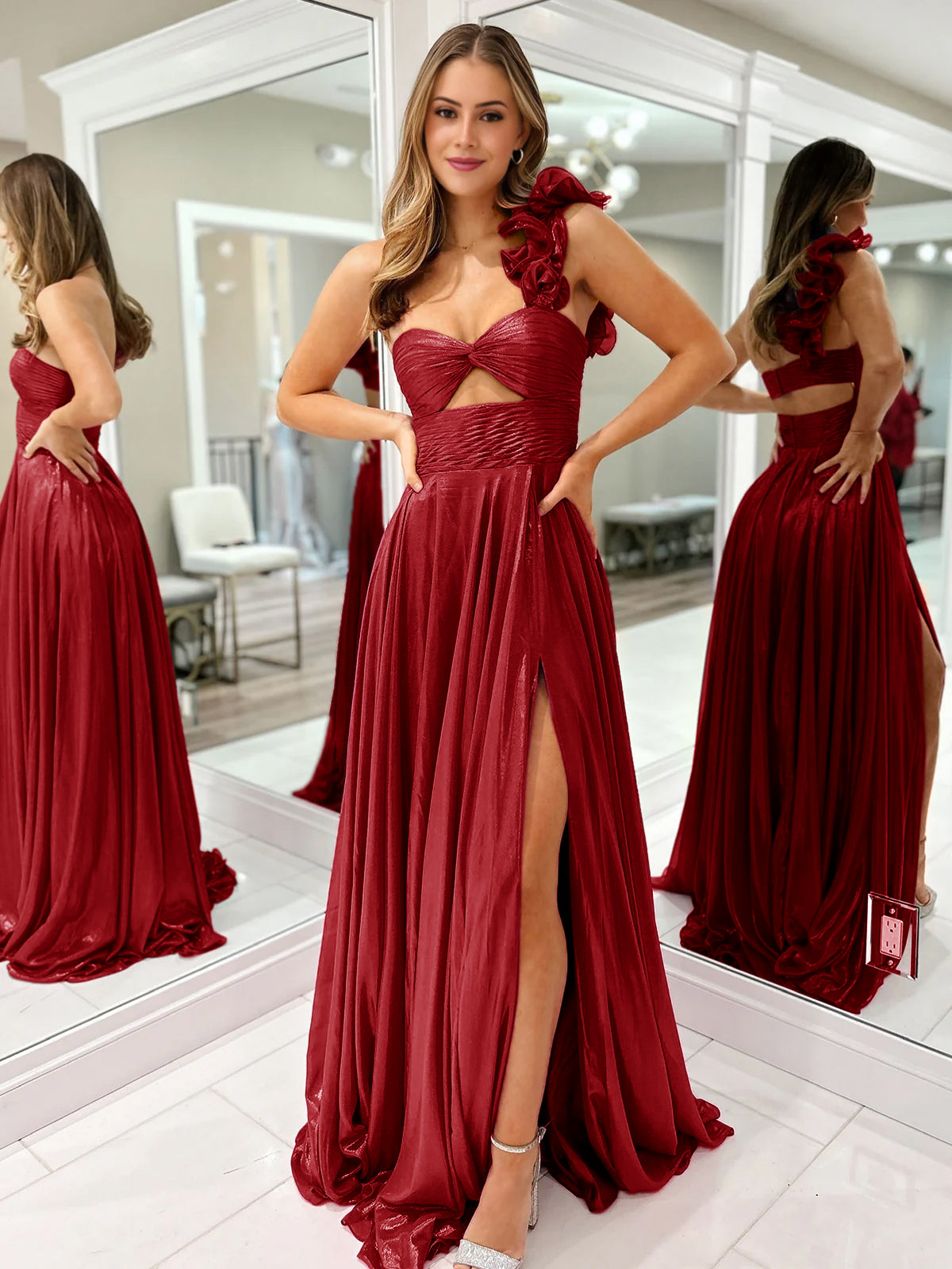 Wallis | A-Line Fuchsia One Shoulder Keyhole Pleated Metallic Prom Dress with Slit