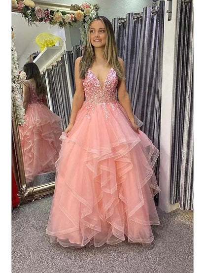 Nanalia | A-Line Prom Dresses Princess Dress Formal Floor Length Sleeveless V Neck Tulle Backless with Pleats Appliques