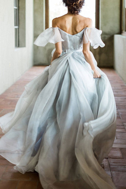 Wedding Dress A-line Off The Shoulder Sleeveless Pleated Court Train Chiffon Boho Bridal Gowns