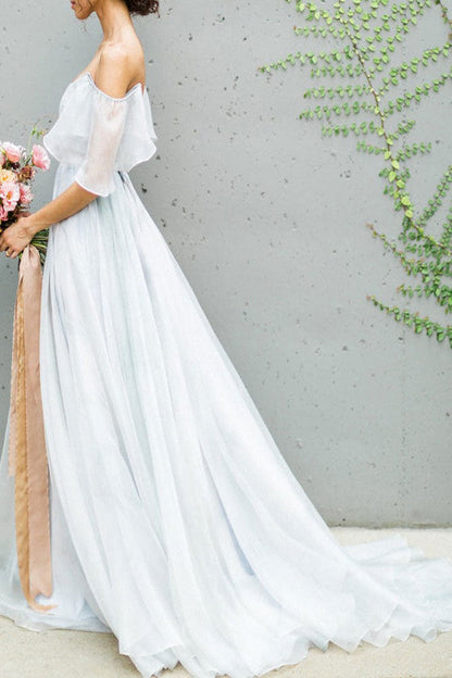 Wedding Dress A-line Off The Shoulder Sleeveless Pleated Court Train Chiffon Boho Bridal Gowns