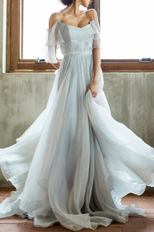 Wedding Dress A-line Off The Shoulder Sleeveless Pleated Court Train Chiffon Boho Bridal Gowns