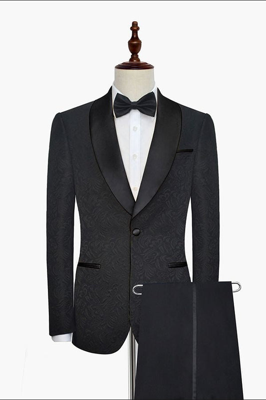 Well-cut Black Jacquard Wedding Tuxedo for Men Shawl Lapel Silk One Button Wedding Suits