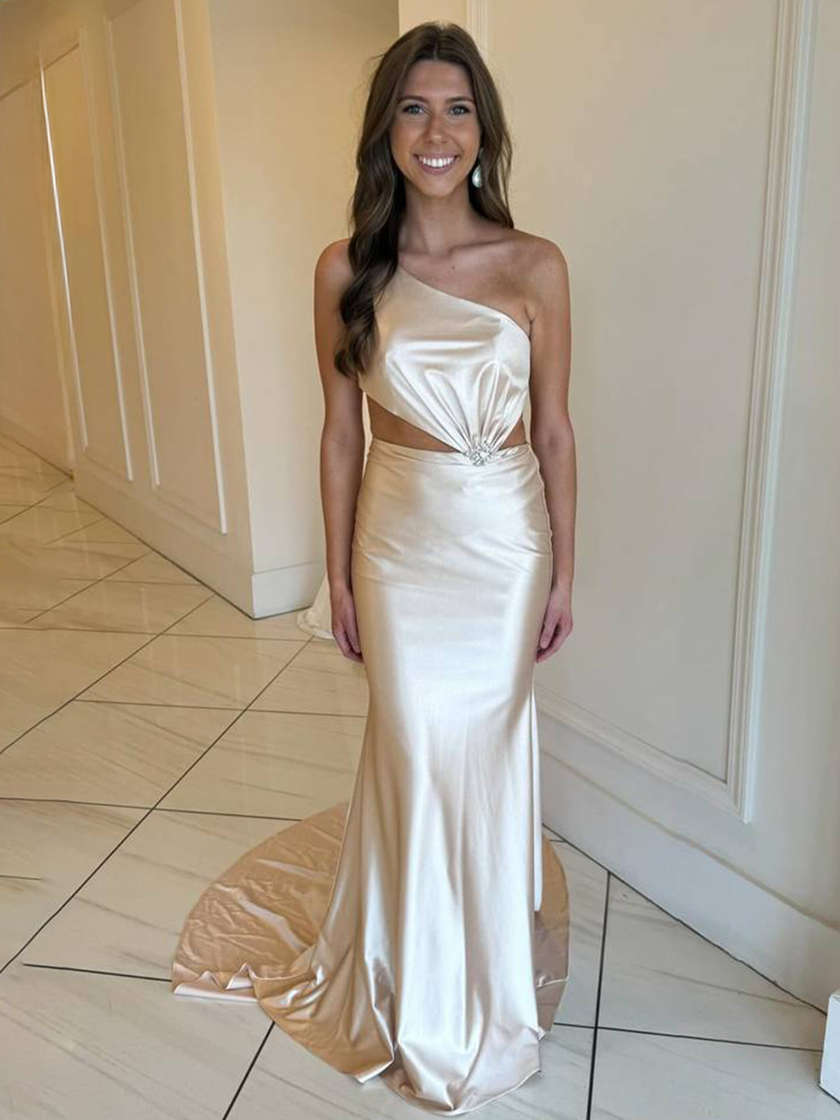 Welsie | Champagne One-Shoulder Mermaid Satin Long Prom Dress