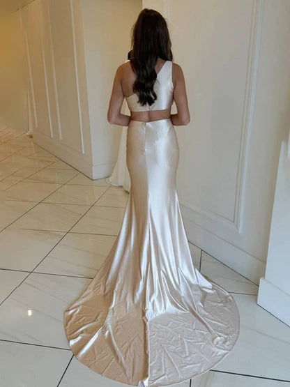 Welsie | Champagne One-Shoulder Mermaid Satin Long Prom Dress