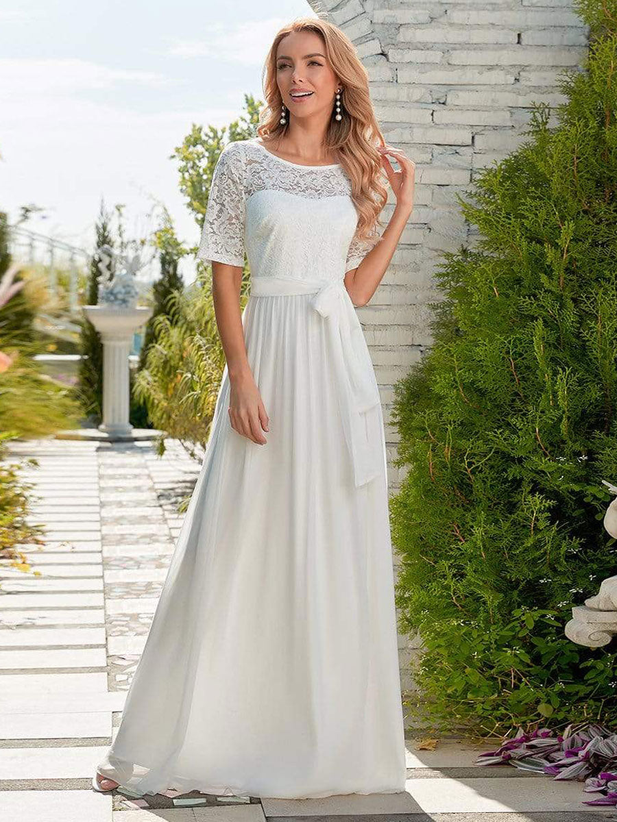 White Casual Wedding Dress Chiffon Jewel Neck Short Sleeves Sash A-Line Long Bridal Gowns