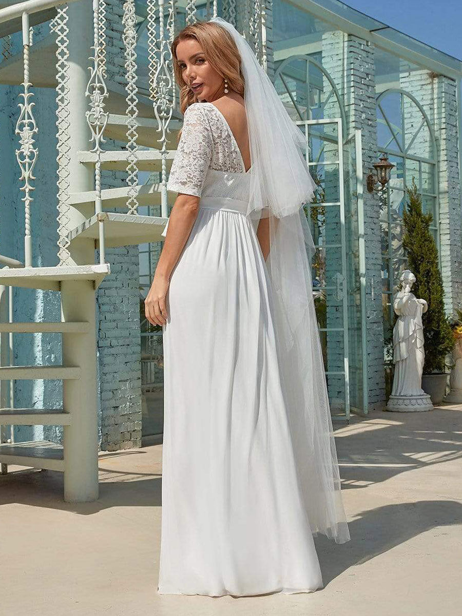 White Casual Wedding Dress Chiffon Jewel Neck Short Sleeves Sash A-Line Long Bridal Gowns