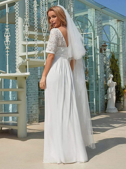 White Casual Wedding Dress Chiffon Jewel Neck Short Sleeves Sash A-Line Long Bridal Gowns