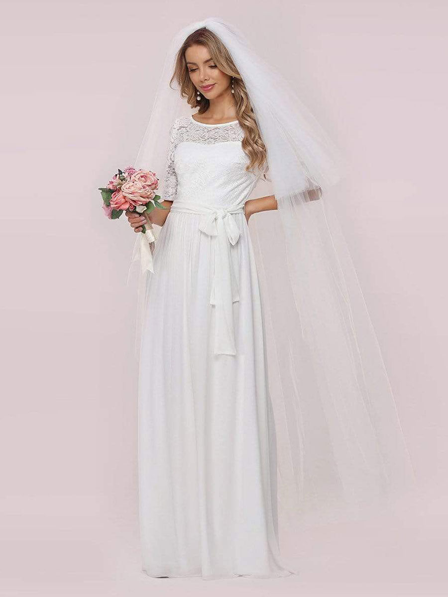 White Casual Wedding Dress Chiffon Jewel Neck Short Sleeves Sash A-Line Long Bridal Gowns