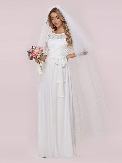 White Casual Wedding Dress Chiffon Jewel Neck Short Sleeves Sash A-Line Long Bridal Gowns