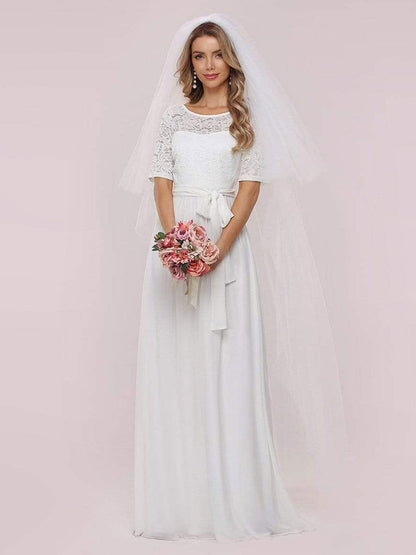 White Casual Wedding Dress Chiffon Jewel Neck Short Sleeves Sash A-Line Long Bridal Gowns