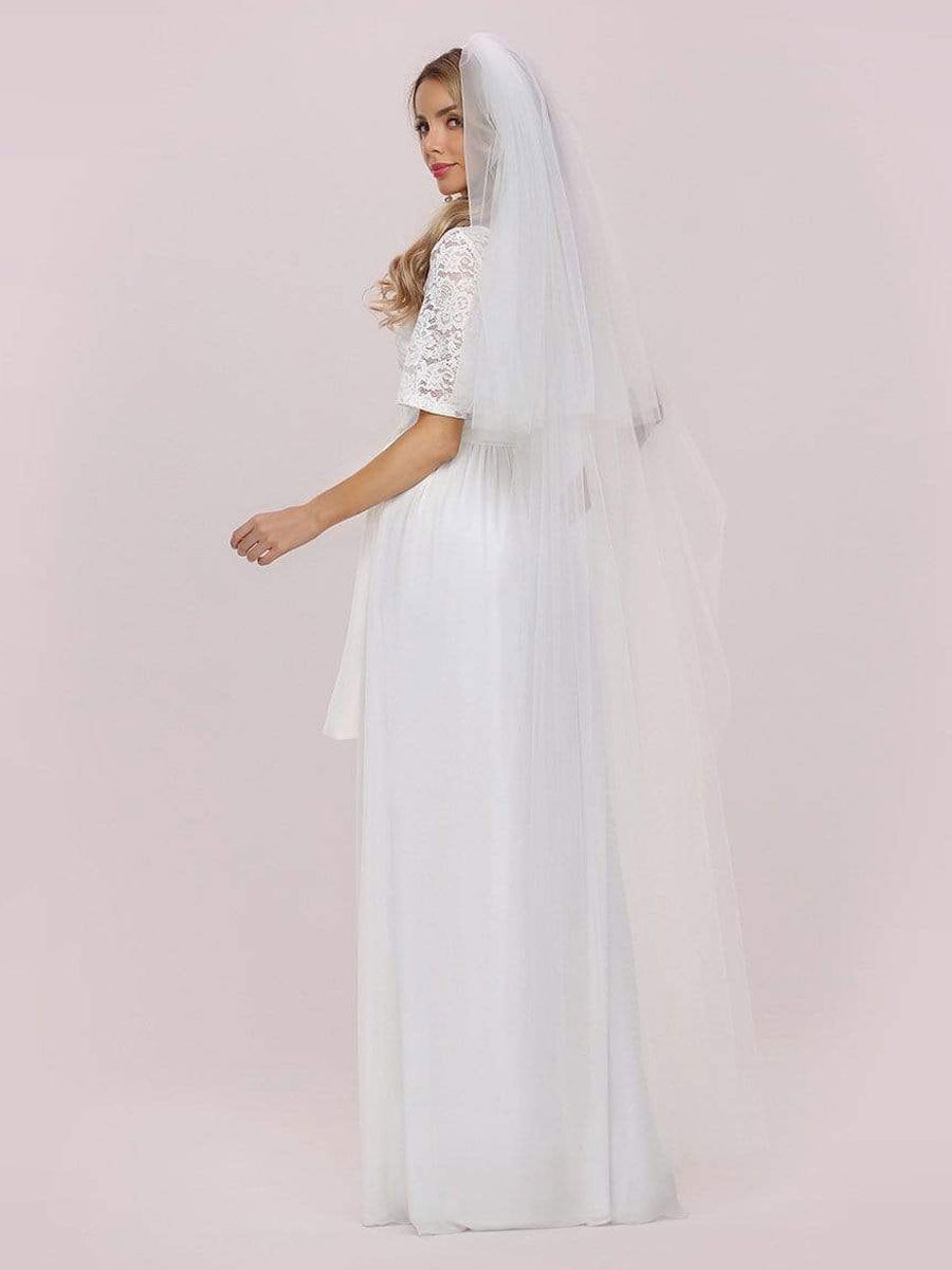 White Casual Wedding Dress Chiffon Jewel Neck Short Sleeves Sash A-Line Long Bridal Gowns