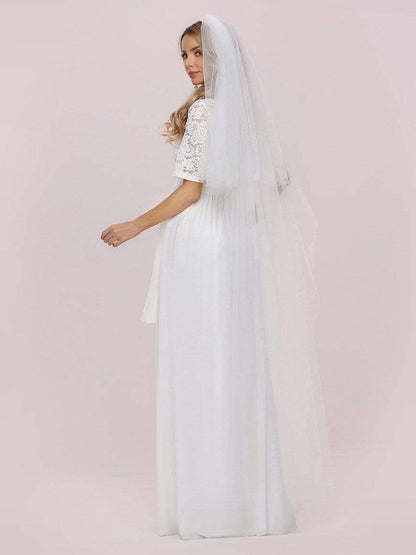 White Casual Wedding Dress Chiffon Jewel Neck Short Sleeves Sash A-Line Long Bridal Gowns