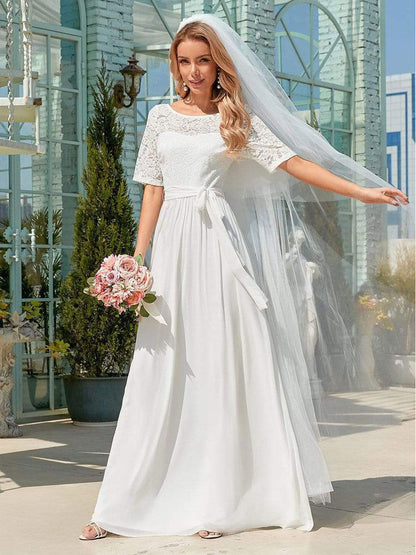 White Casual Wedding Dress Chiffon Jewel Neck Short Sleeves Sash A-Line Long Bridal Gowns