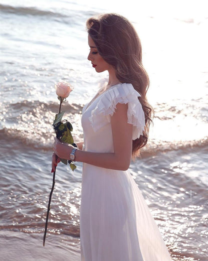 White Chiffon Ruffless Sleeves V neck Summer Beach Wedding Dress