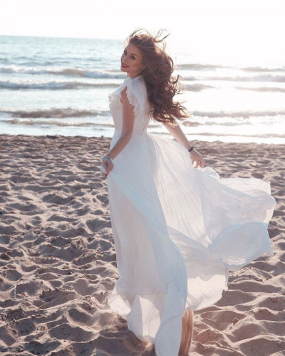 White Chiffon Ruffless Sleeves V neck Summer Beach Wedding Dress